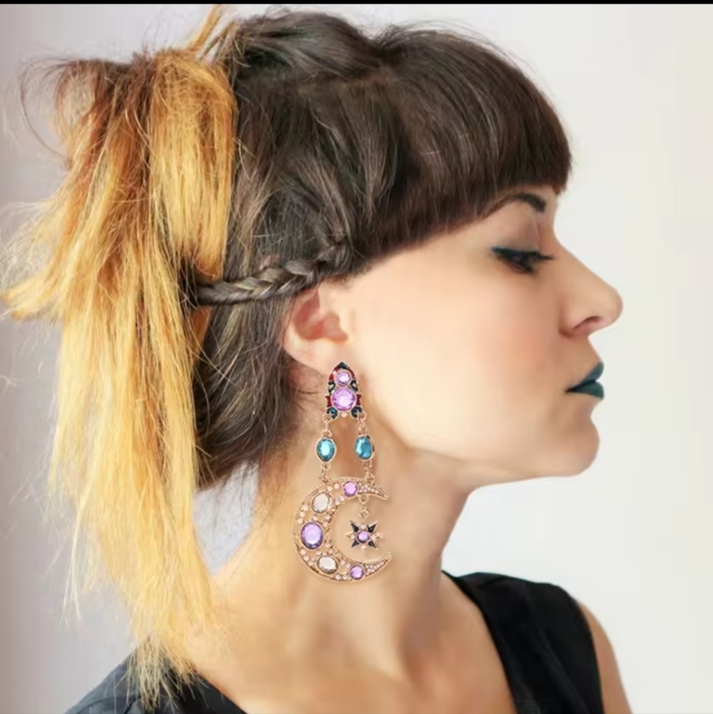 Celestial~ Gold Sun & Moon Whimsigoth Lavender & Blue Crystal Dangle Earrings